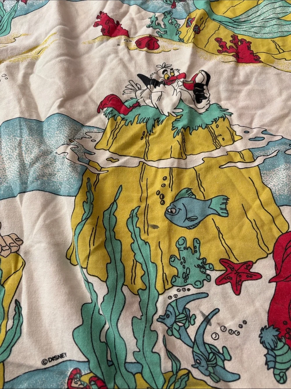 Vintage Little Mermaid Disney Twin Size Fitted Bed Sheet Ariel Flounder Triton